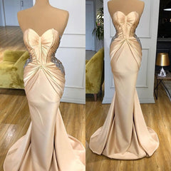 Elegant Sweetheart Champagne Prom Dresses Mermaid Long With Crystals