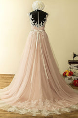 Elegant Tulle Lace Long Prom Dresses, A-Line Scoop Neckline Evening Dresses