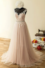 Elegant Tulle Lace Long Prom Dresses, A-Line Scoop Neckline Evening Dresses