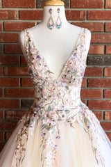 Elegant V Neck Ivory Long Prom Dresses with Floral Embroidery