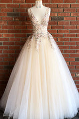 Elegant V Neck Ivory Long Prom Dresses with Floral Embroidery