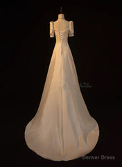 Elegant White Satin A-line Wedding Party Dress Long Prom Dress Evening Gown