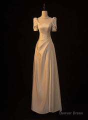 Elegant White Satin A-line Wedding Party Dress Long Prom Dress Evening Gown