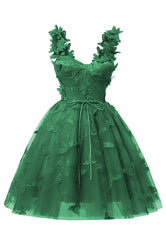 Emerald Green 3d Butterfly Lace Applique Tulle Homecoming Rochie pentru adolescenți dragă rochii de bal scurte