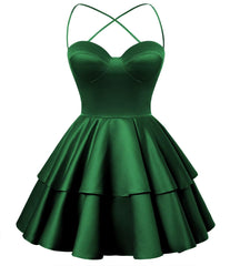 Vestido de bienvenida de satén verde esmeralda. Vestidos de graduación cortos