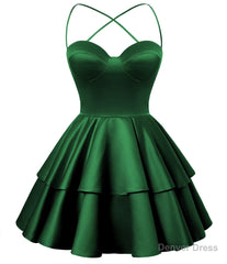 Emerald Green Satin Homecoming Dress Sweetheart Neck Tiered Short Graduation Dresses