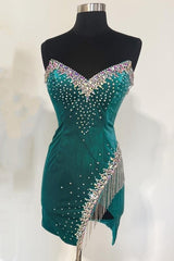 Emerald Green Velvet Strapless Beaded Short Cocktail Dresses with Tassels