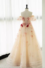 A Line Off the Shoulder Prom Dresses with Flowers, Charming Tulle Party Gown