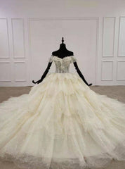 Exquisite Champagne Ball Gown Tulle Sequins Off the Shoulder Appliques Wedding Dresses