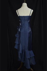 Dark Blue Vintage Floral Elegant Dresses Asymmetrical Hem Prom Gown