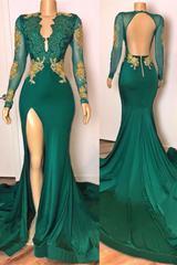 open back sexy side slit green prom Dresses long sleeves