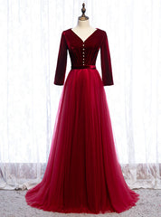 Fabulous Burgundy Tulle Velvet Long Sleeve V-neck Pleats Peom Dresses