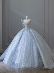 Fairytale Ball Gown Strapless Neckline Sequin Light Sky Blue Long Wedding Dresses Brides Dresses