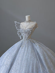 Fairytale Ball Gown Strapless Neckline Sequin Light Sky Blue Long Wedding Dresses Brides Dresses