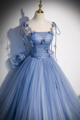 Fairytale Blue Flowers Long Tulle Ballgown Prom Dresses