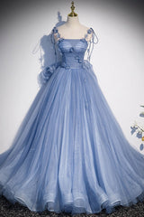 Fairytale Blue Flowers Long Tulle Ballgown Prom Dresses