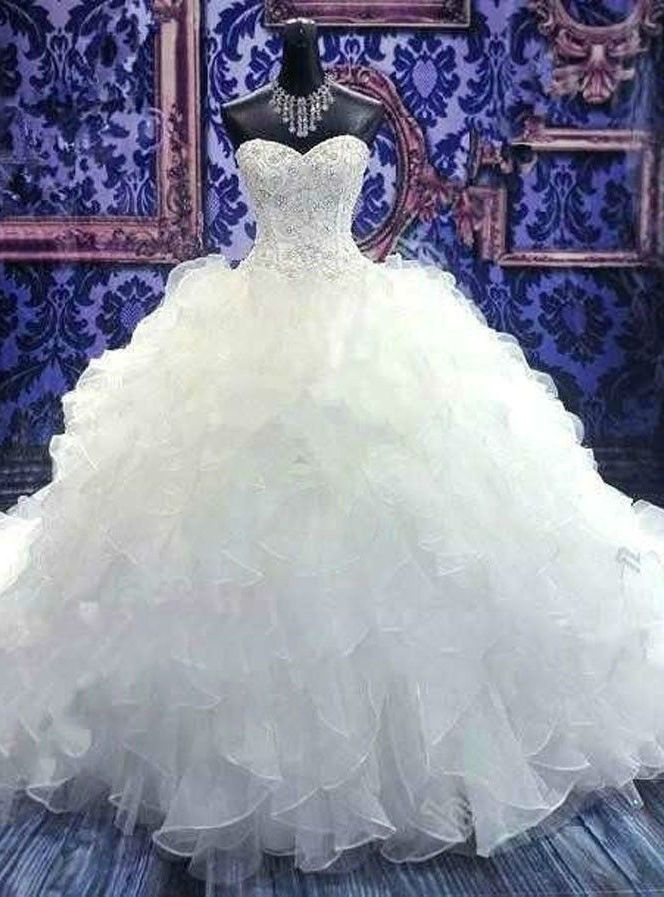 Fancy White/Ivory Strapless Organza Beading Wedding Dress Bridal Gown