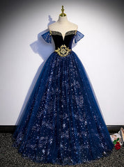 Fashion Blue Tulle Sequins Beading Off the Shoulder Prom Dresses