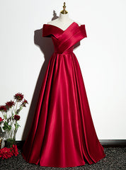 Fashion Burgundy Satin Off the Shoulder Pleats Prom Dresses