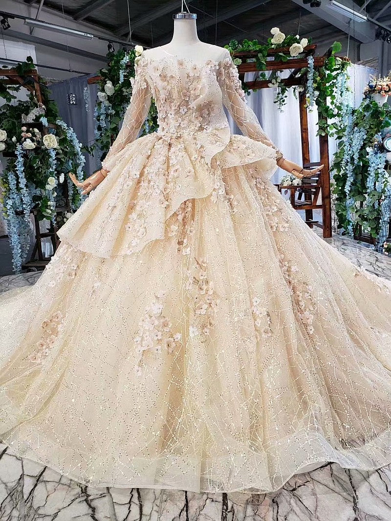 Fashion Champagne Ball Gown Tulle Sequins Long Sleeve Appliques Wedding Dress