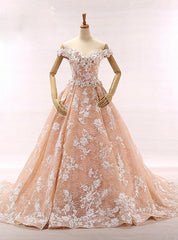 Fashion Pink Off The Shoulder Appliques Tulle Wedding Dress