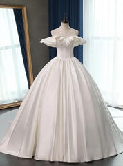 Fashion White Ball Gown Satin Off the Shoulder Wedding Dresses With Long Train With Long Train