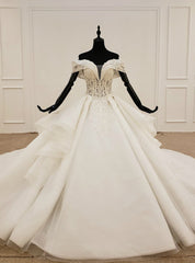 Fashion White Ball Gown Tulle Off the Shoulder Wedding Dresses With Beading