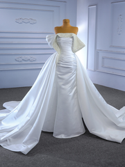 Fashion White Satin Strapless Pleats Pearls Wedding Dresses