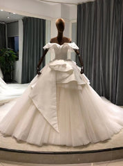 Fashion White Tulle Satin Off the Shoulder Wedding Dresses