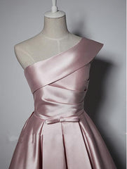 Fashionable Pink Knee Length Satin Short Prom Dresses, One Shoulder Bridesmaid Dresses