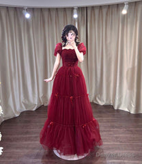 Burgundy tulle sequins long prom dress A-line evening dress