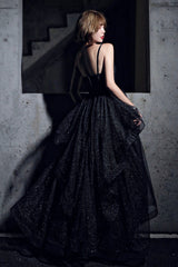 Black Simple v neck tulle long prom Dresses A line evening Dresses