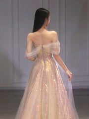 Shiny Tulle Sequins Long Prom Dresses, Off the Shoulder Evening Party Dresses