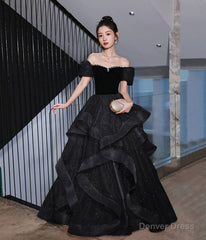 Black Velvet Tulle Long Prom Dress, Black Evening Dress Party Dress