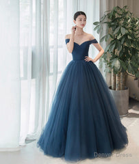 Elegant Tulle Long A-Line Prom Dress, Blue Off the Shoulder Evening Party Dress