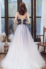 Stylish v neck tulle long A line prom Dresses blue evening Dresses