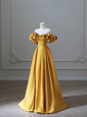 Yellow Saitn Long Prom Dresses, Off Shoulder Evening Party Dresses