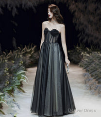 Black tulle long prom dress A line eveing dress