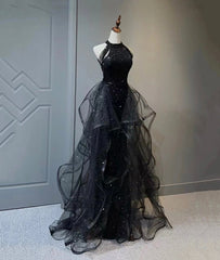 Black Halter Shiny Tulle Long Prom Dresses, Black Tulle Evening Dresses with Sequins