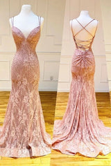 Unique Pink Long Mermaid Open Back Lace Dresses, Senior Prom Dresses