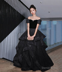 Black Velvet Tulle Long Prom Dress, Black Evening Dress Party Dress