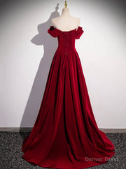 Burgundy Velvet Long Prom Dress, Off the Shoulder Evening Party Dress