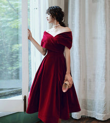 Burgundy velvet short prom dress party dress