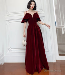 Burgundy velvet long prom dress A line evening dress