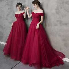 Burgundy tulle beads long prom Dresses A line evening Dresses