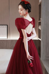 Burgundy tulle beads long prom Dresses A line evening Dresses