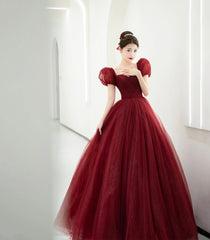 Burgundy Tulle Beaded Long Prom Dresses, Beautiful A-Line Evening Party Dresses