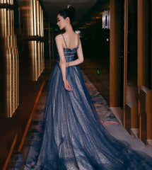 Blue tulle long prom Dresses shiny evening Dresses