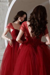 Red tull beads long prom Dresses A line evening Dresses