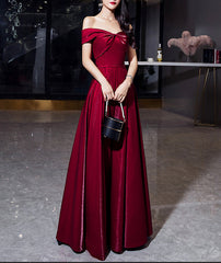 Shiny satin long prom Dresses burgundy evening Dresses